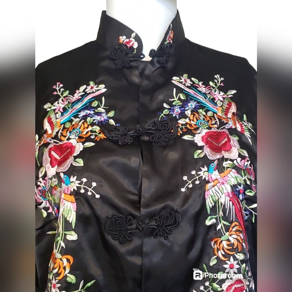 Vintage Embroidered Black Silk Satin Floral Birds Cocktail Jacket Women's Sz M - Picture 3 of 17